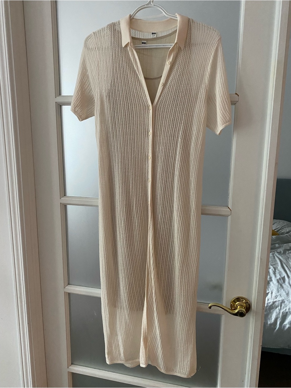 Uniqlo Cream Short-Sleeve Button-Front Knit Robe